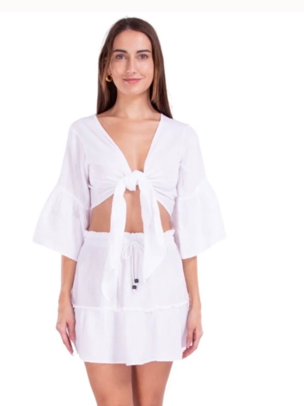 Seaspice Resort Wear White Tie-Front Bell Sleeve Crop Top XL Boho Ibiza Fashion